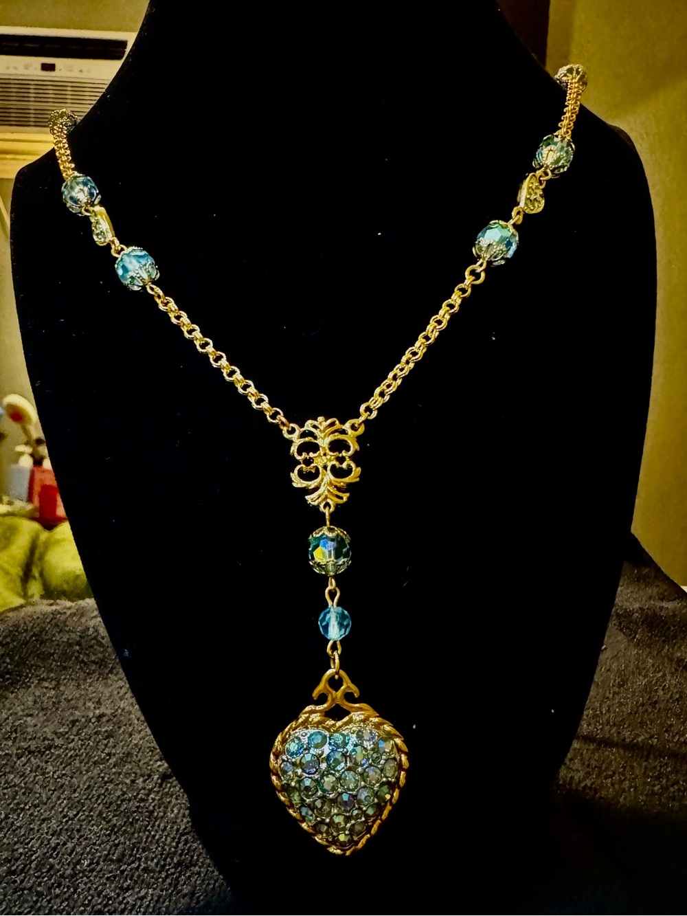 Vintage Kirks Folly Gold Tone Blue Rhinestone Puffed Heart Lariat Y-Necklace